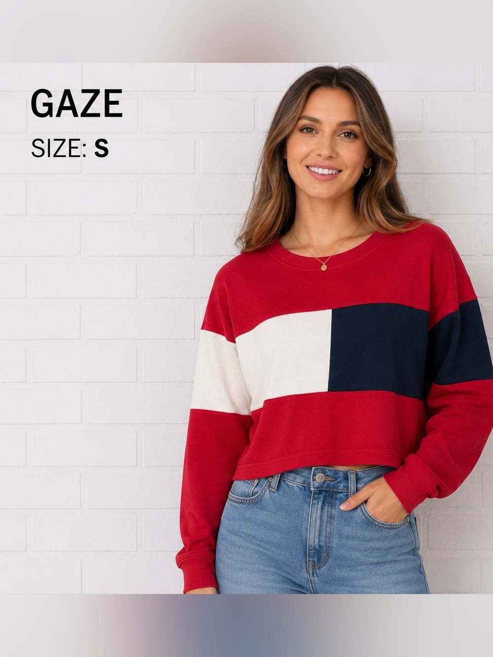 Gaze Red, White, and Navy Block long sleeve Sweatshirt top  / size S